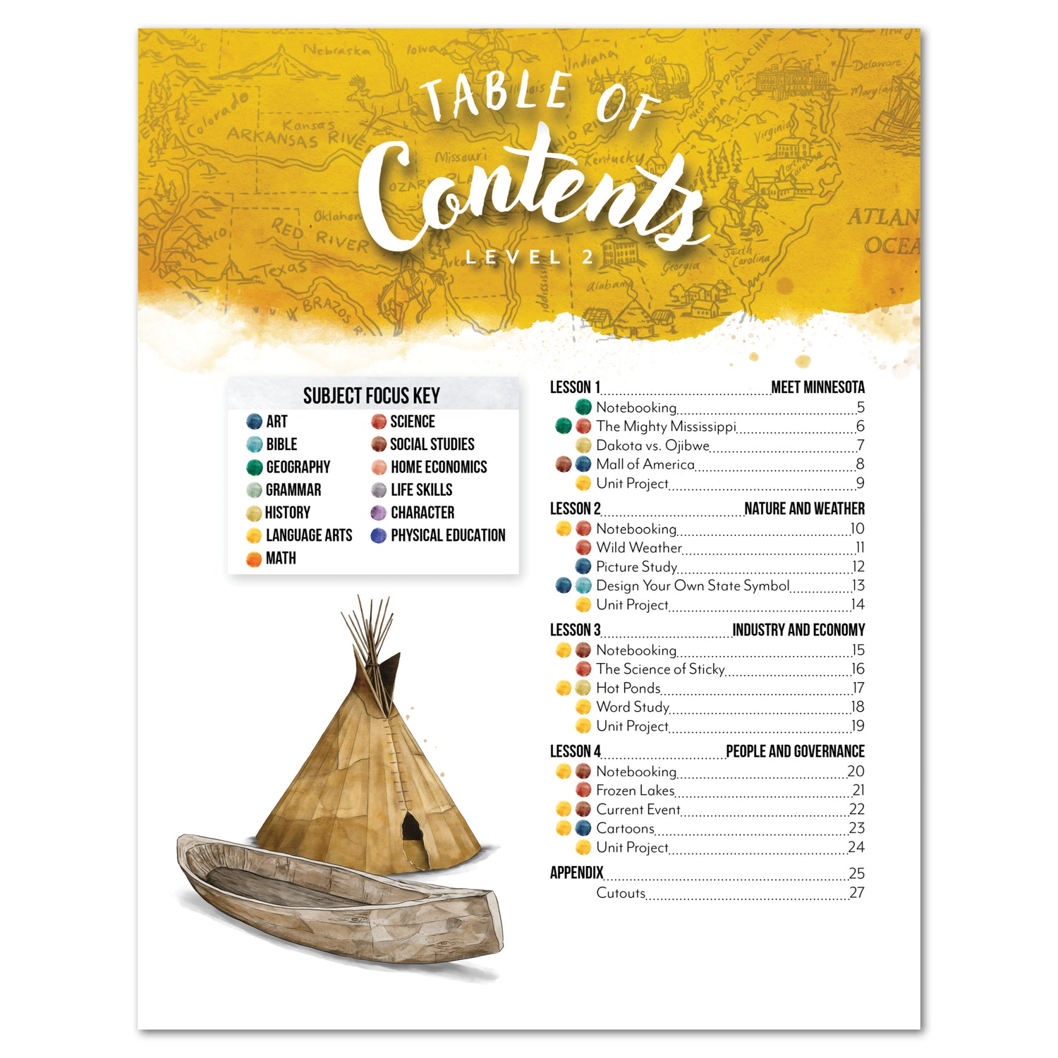 Table of contents for Minnesota unit with a yellow and white design, featuring a teepee and canoe illustration.