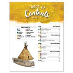 Table of contents for Minnesota unit with a yellow and white design, featuring a teepee and canoe illustration.