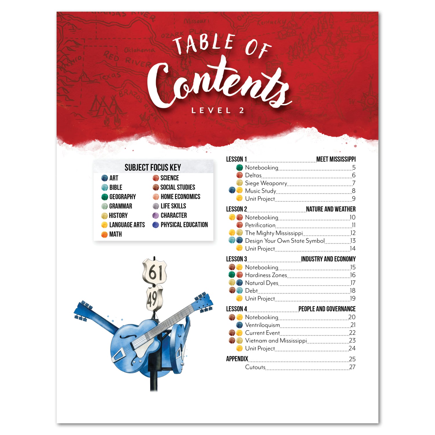 Tables of contents page for student books featuring an image of guitars. 