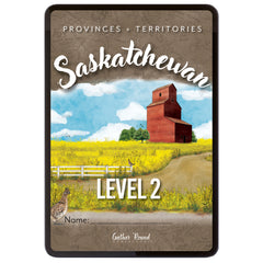 A digital workbook cover titled "Saskatchewan" with "Provinces + Territories" at the top and "Level 2" near the bottom. The artwork shows a rural Saskatchewan landscape with a red-brown grain elevator, yellow field, blue sky, white clouds, and a dirt road.