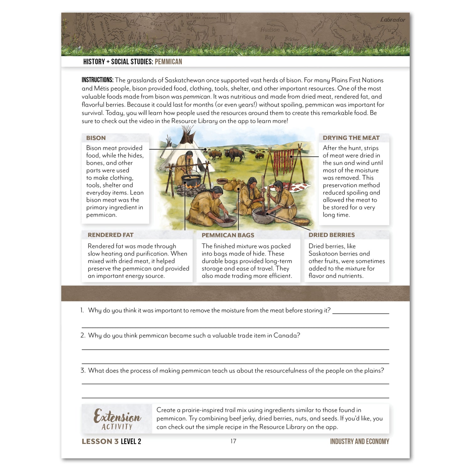 A printed educational worksheet page titled 'History - Social Studies: Pemmican' with a small historical illustration at the top, instructions, labeled diagrams, and a question section at the bottom.