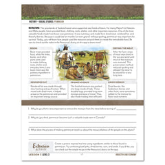 A printed educational worksheet page titled 'History - Social Studies: Pemmican' with a small historical illustration at the top, instructions, labeled diagrams, and a question section at the bottom.