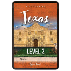 Digital book cover featuring an illustrated Alamo scene, the words 'FIFTY STATES TEXAS LEVEL 2,' and a name field at the bottom.