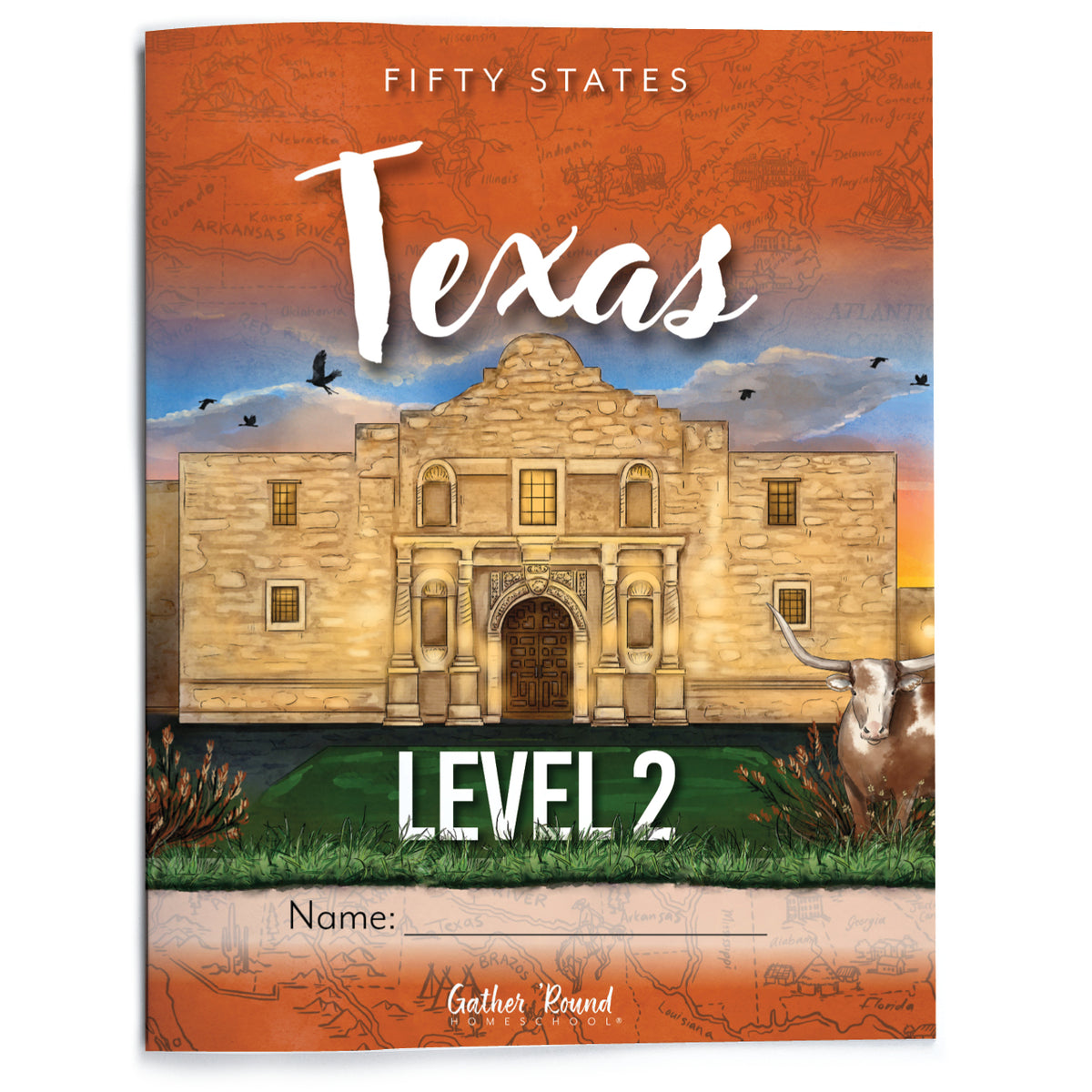 Book cover featuring an illustrated Alamo scene, the words 'FIFTY STATES TEXAS LEVEL 2,' and a name field at the bottom.