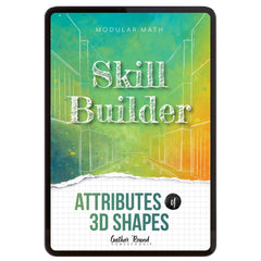 Digital book cover of 'Skill Builder: Attributes of 3D Shapes' with geometric design and text on a colorful background.