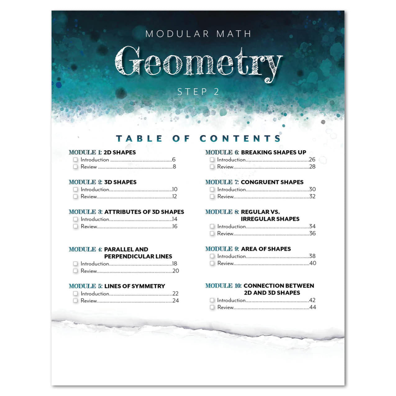 Table of contents for a modular math geometry course on a blue and white background