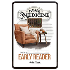 Digital cover for 'HOME MEDICINE Early Reader' unit, features a brown armchair and small side table in the center. 