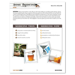 A lesson sheet about history of Home Medicine featuring text instructions, comparison columns for 'Medicine Then' and 'Medicine Now,' and four small images showing water, honey, a paste, and medicines in bottles.