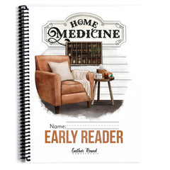 Cover for 'HOME MEDICINE Early Reader' unit, features a brown armchair and small side table in the center. 