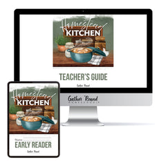 Digital product mockup showing a book cover titled 'Homesteading Kitchen' on a desktop monitor and tablet screen, with text reading 'Teacher's Guide' and 'Early Reader' on a white background.