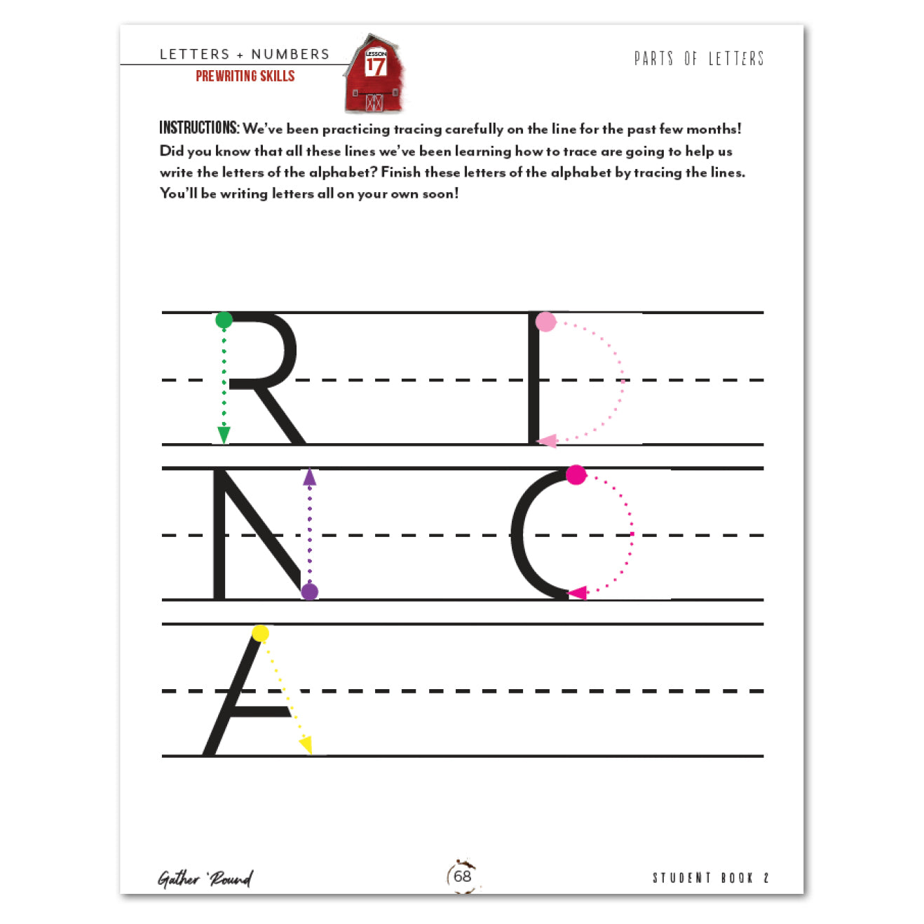 Letters + Numbers 2 On The Farm Printed Student Book 2 Lesson 17 Parts of Letters Tracing