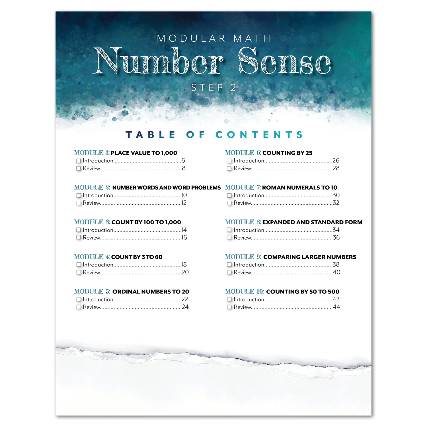 Number Sense Modular Math Step 2 printed book table of contents