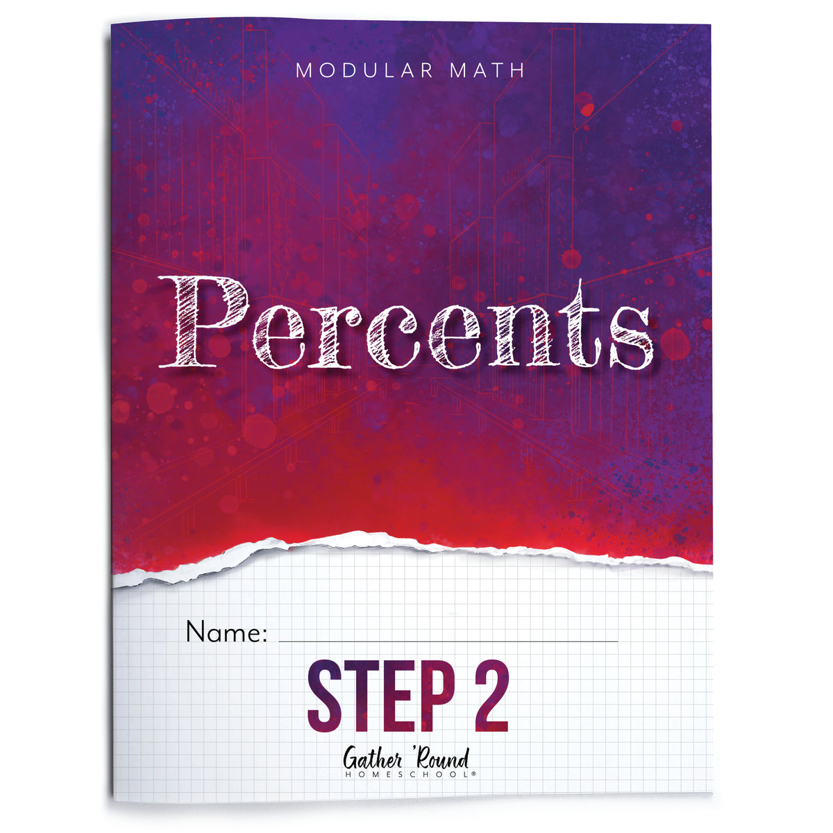 Book cover of 'Modular Math: Percents Step 2' with a red and purple gradient.
