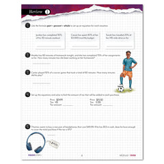 A printed worksheet page titled 'Review' with math word problems, a purple torn-paper header, a small soccer player illustration, and a headphone graphic near the bottom on a white page with faint grid lines.