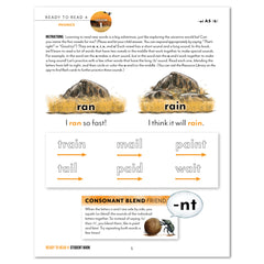 An educational worksheet page titled 'READY TO READ 4' with phonics exercises, including example words like 'ran', 'rain', 'train', 'mail', 'paint', and 'wait', plus a section for consonant blend friends.
