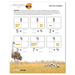 A math activity sheet titled 'Ready to Read 4: Parts of a Number' from a storybook series. The page features instructional text, six addition number grids with yellow dot counters, and an illustration of an ostrich standing in a field of grass with eggs at the bottom.