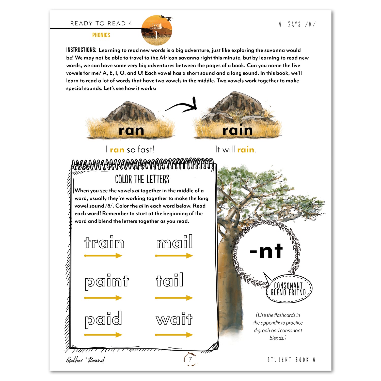 Ready to Read 4 On The Savannah Homeschool Unit Study Printed Bundle Student Book A Lesson 1 Phonics AI says /A/
