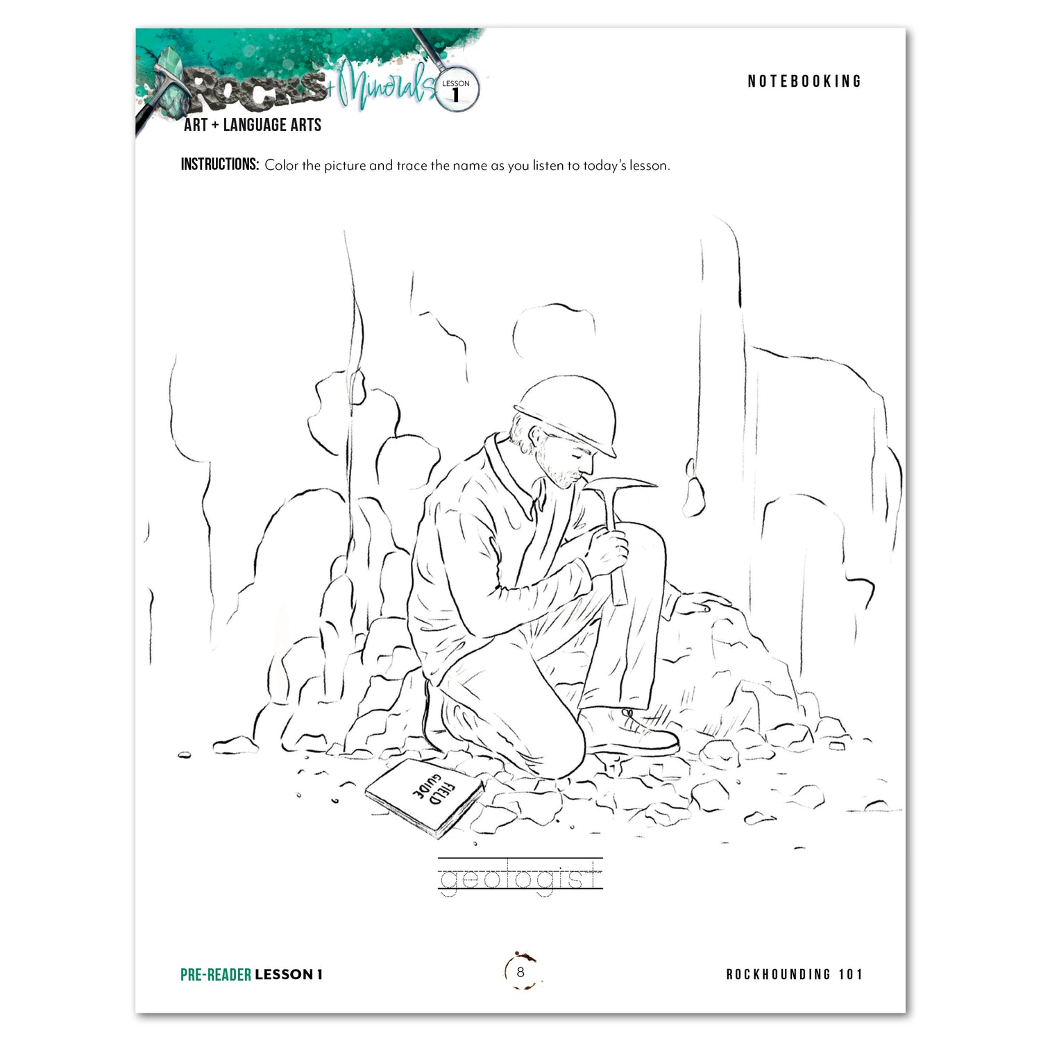 Rocks + Minerals homeschool unit study printed Pre-Reader notebooking worksheet
