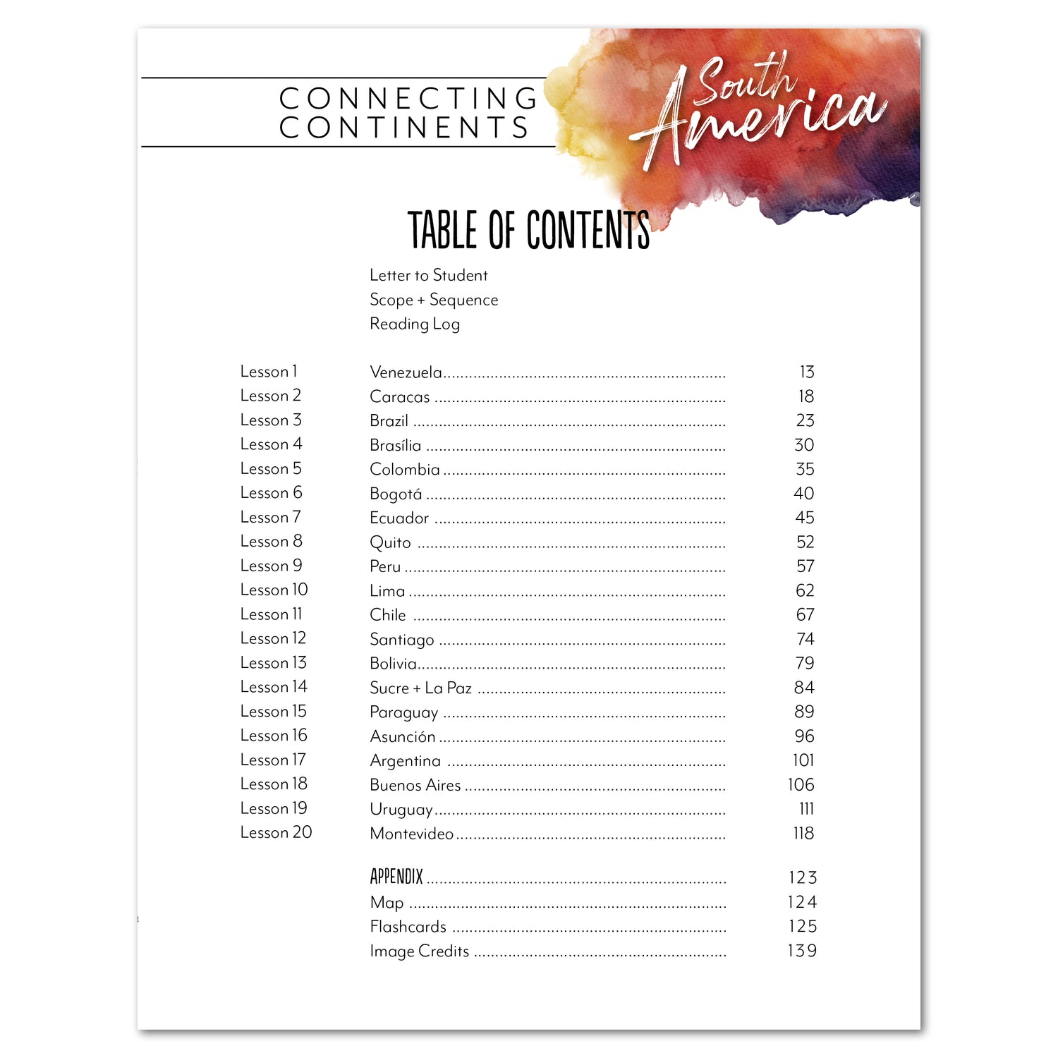 South America homeschool unit study digital student workbook table of contents 