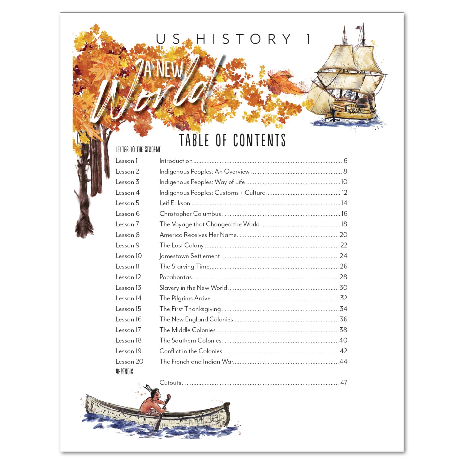 US History 1: A New World: Beginin-1763 Homeschool Study Unit Printed Pre-Reader Student Book Table of Contents