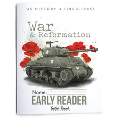 A print product showing a US History 4 'War & Reformation' student book cover. The artwork features a military tank with white stars and red poppy flowers on a white background.
