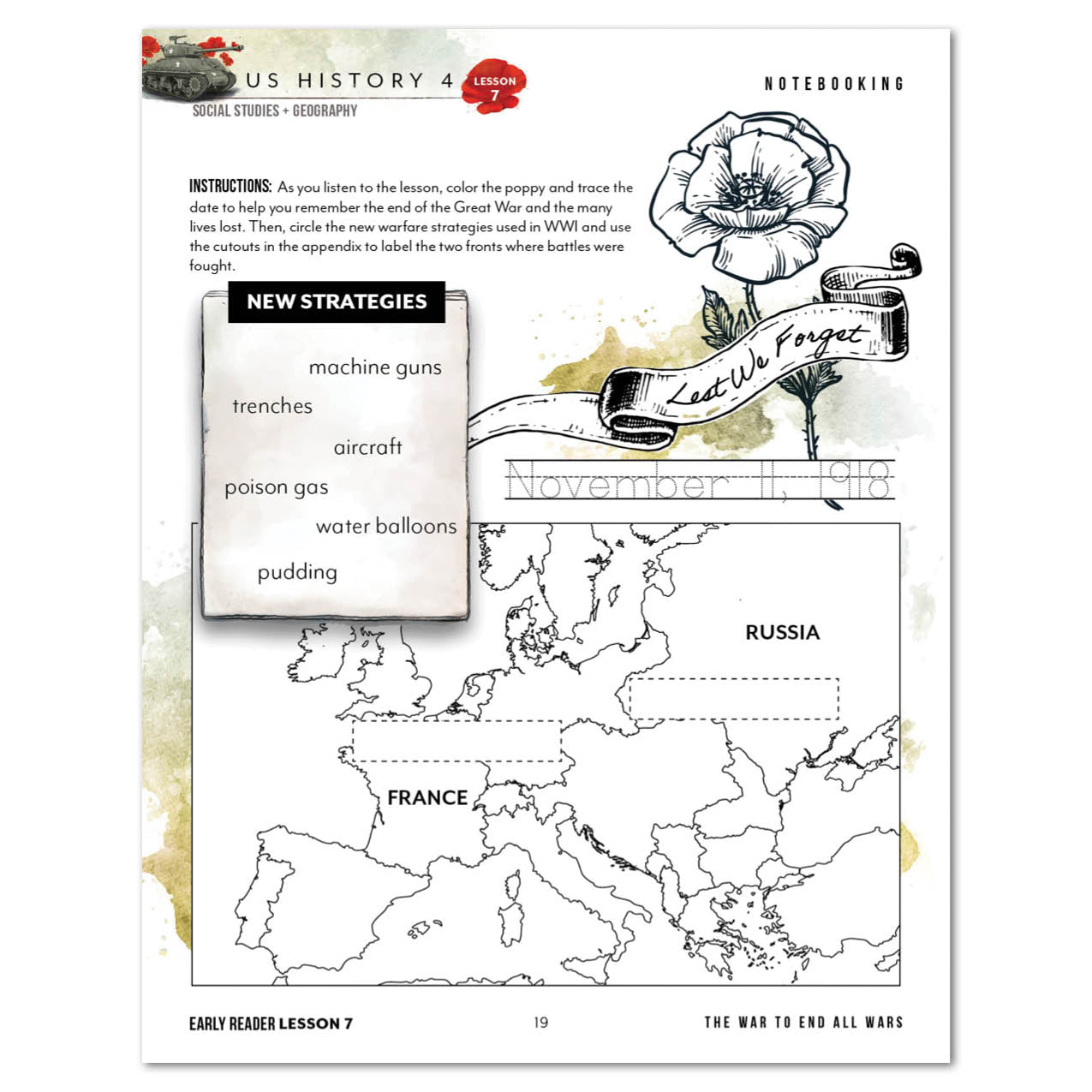 A US History 4: Alesson notebook page from featuring a black-and-white map of Europe and a poppy illustration.