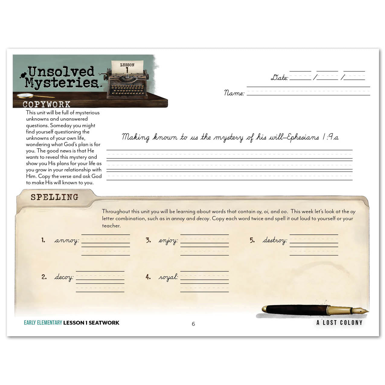 Unsolved Mysteries Homeschool Unit Study Printed Seatwork Journal Cursive Early Elementary Lesson 1 Copywork and Spelling