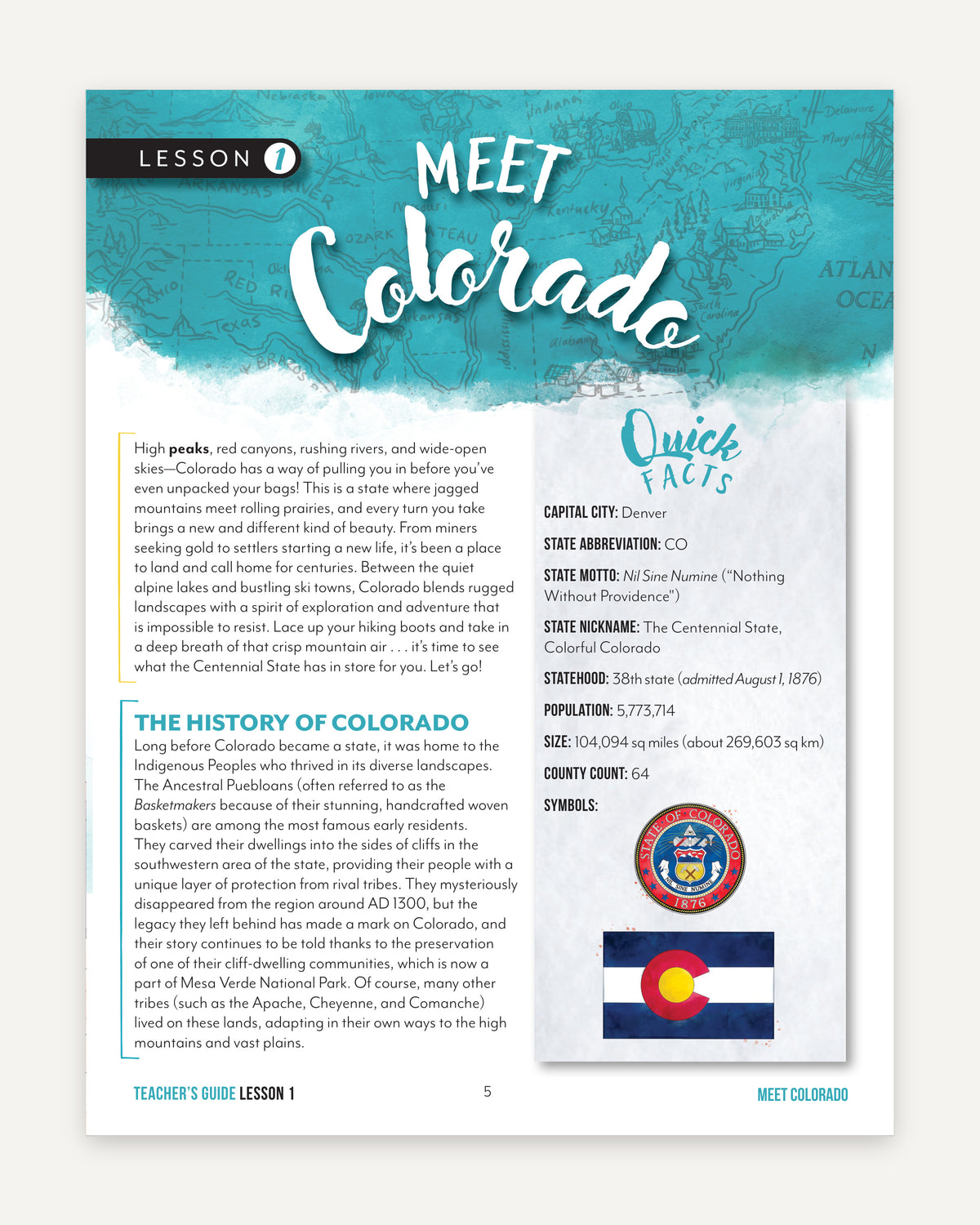 Colorado Fifty States Homeschool Unit Study Digital Teacher's Guide Lesson 1 Part 1