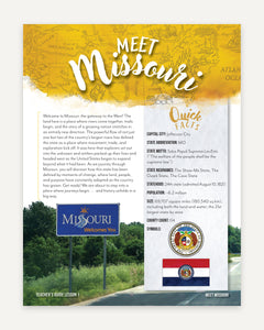 Educational sheet about Missouri featuring quick facts and a Welcome to Missouri sign.