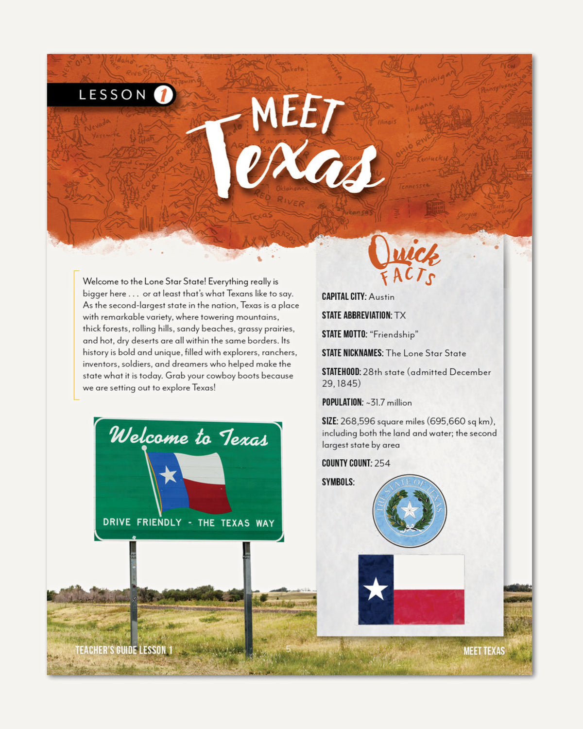An educational lesson page titled 'MEET Texas' with an orange header, white body, and a Texas-themed quick facts panel. The card includes a 'Welcome to Texas' sign and state flag.
