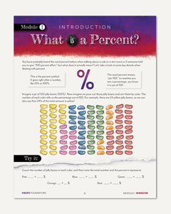 An educational math worksheet titled 'What is a Percent?' from Percents Foundations, featuring a colorful percentage concept diagram with rows of colored jellybeans and a 'Try it' section at the bottom.
