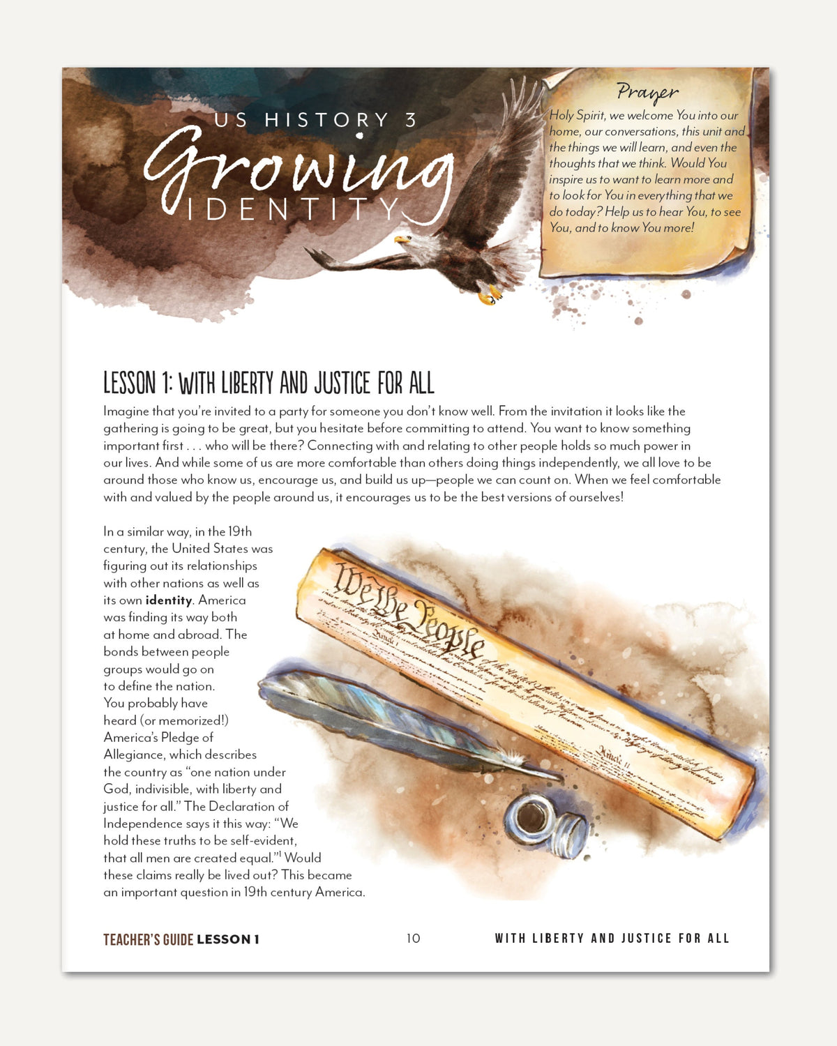 US History 3: Growing Identity: 1816-1899 Adventures Though History Homeschool Printed Teacher's Guide Lesson 1 With Liberty and Justice For All Part 1
