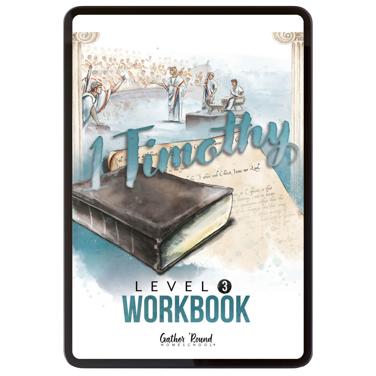 1 Timothy Level 3 Workbook cover with illustration of a people and Bible.