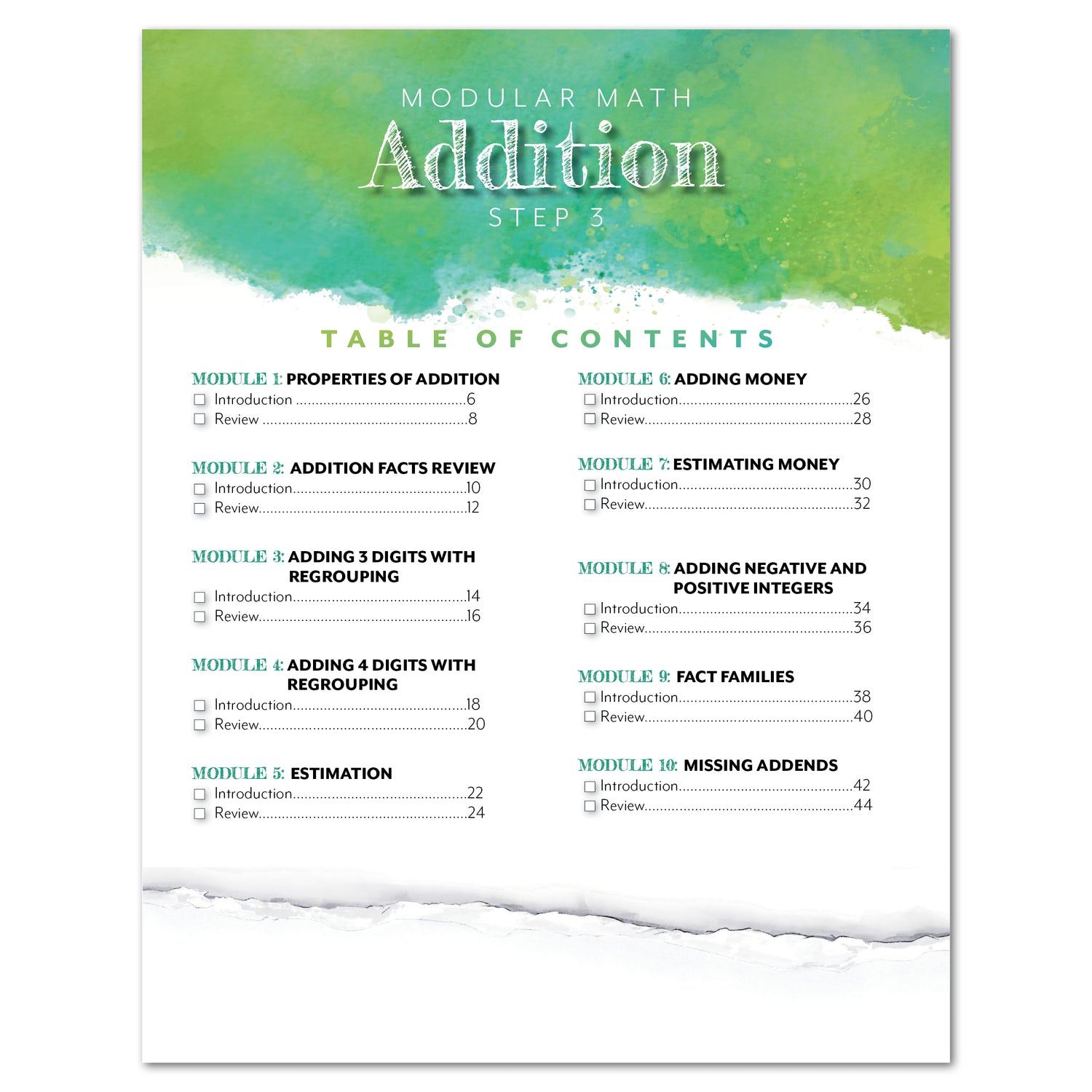 Modular Math Addition Step 3 Printed Table of Contents Homeschool Unit