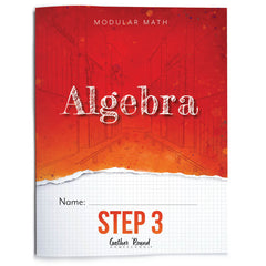 Book cover for Algebra Step 3. The cover has a red-to-orange gradient upper section with white text, a torn-paper effect, and a white grid-pattern lower section.