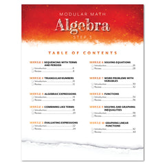 A table of contents page for a Modular Math Algebra Step 3 educational booklet, featuring a red and orange textured header, black text on a white page, and a torn-paper effect at the bottom.