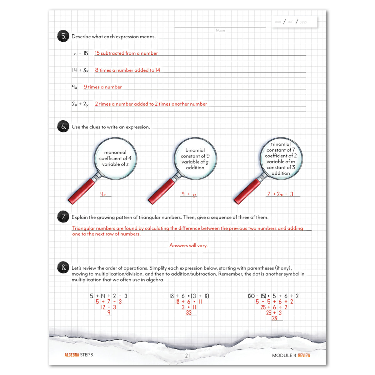 An educational worksheet page titled 'Algebra Step 5' showing algebraic expressions, equations, and three labeled diagrams with red magnifying glasses on a white grid background.