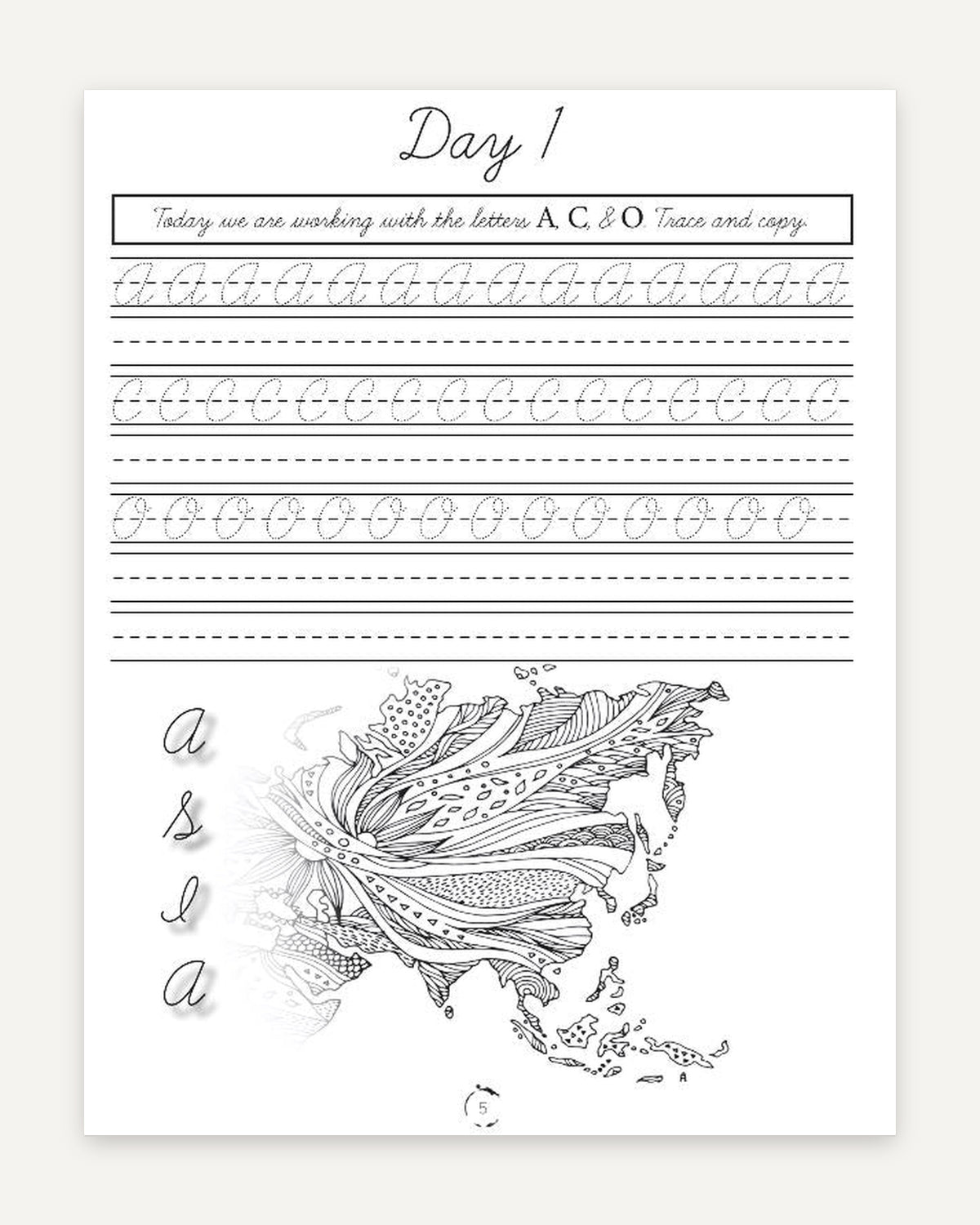 Asia Homeschool Unit Study Printed Cursive Book Day 1 Practice