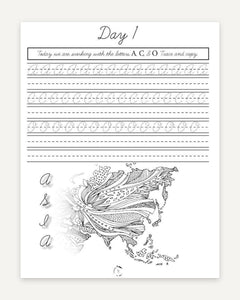 Asia Homeschool Unit Study Printed Cursive Book Day 1 Practice