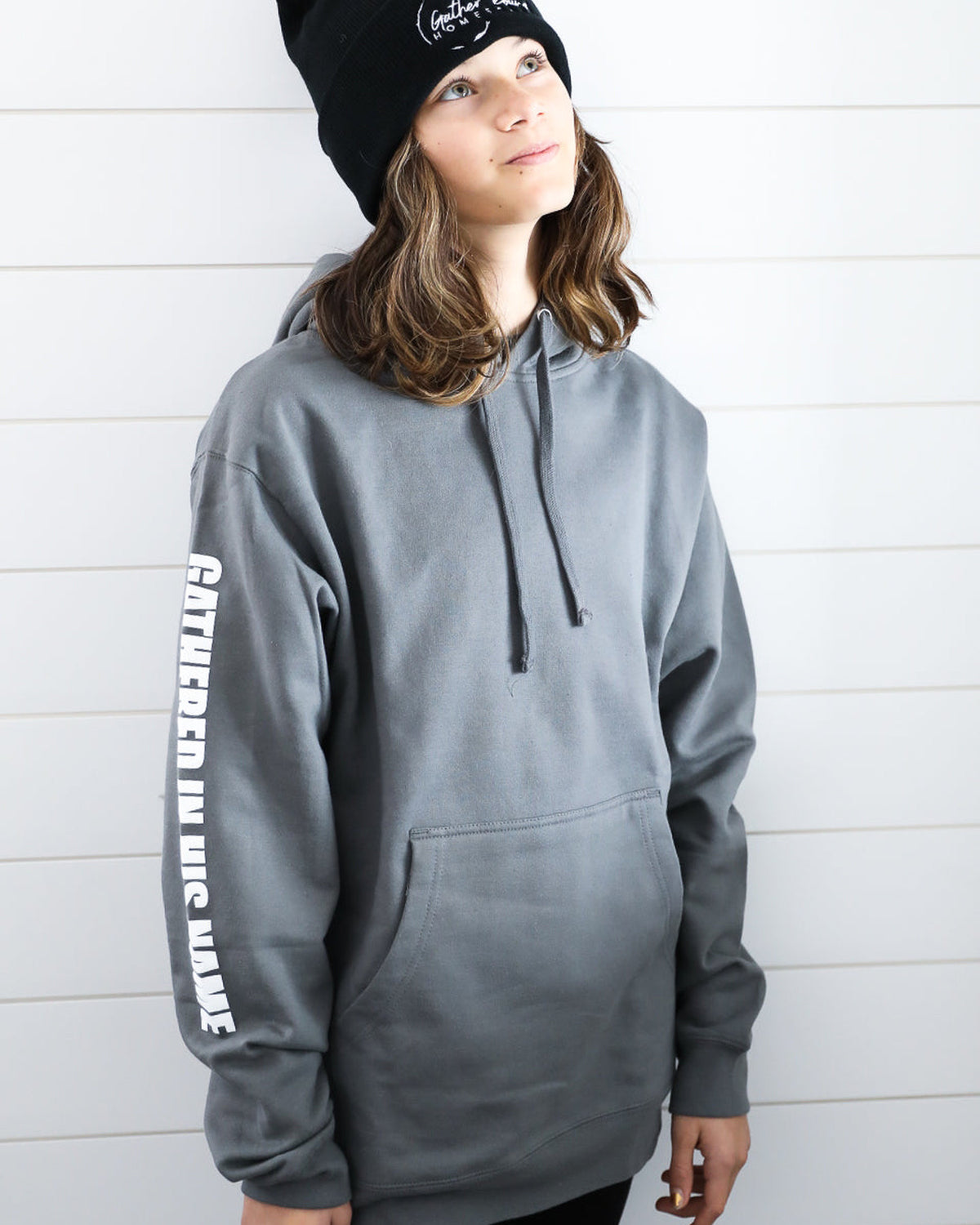 Gathered In His Name Hoodie (Charcoal Heather) homeschool unit study, printed product image