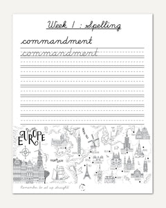 Europe homeschool unit study digital cursive student workbook  week spelling lesson