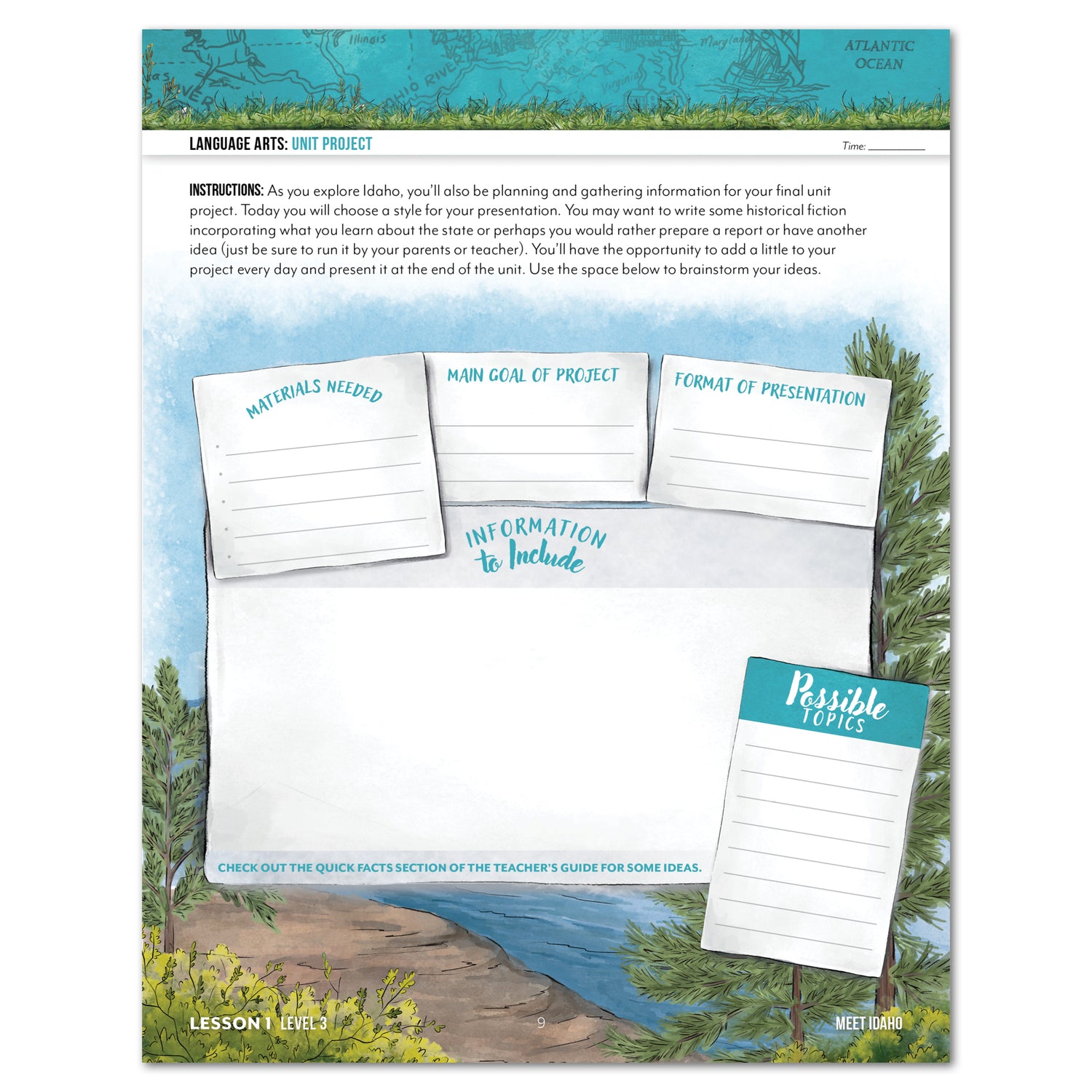 Idaho Fifty States Homeschool Unit Study Printed Student Book Level 3 Lesson 1 Page