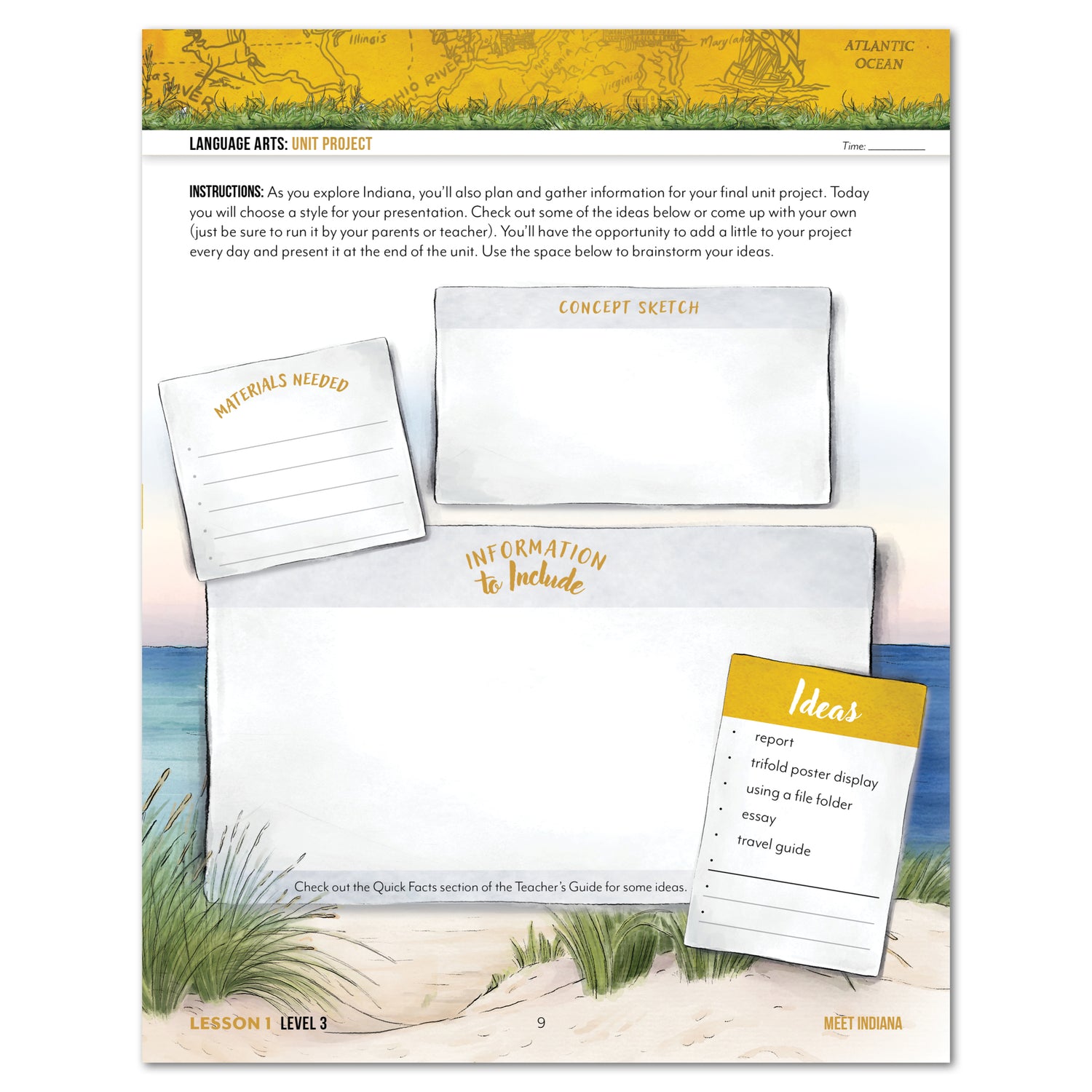 Indiana Fifty States Homeschool Unit Study Printed Student Book Level 3 Lesson 1 Page