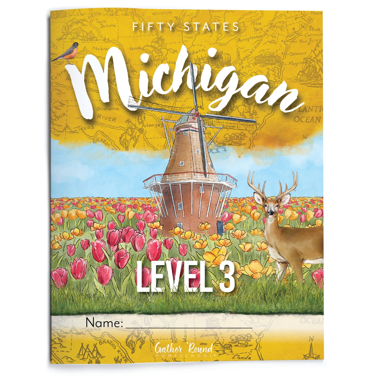 Book cover of 'Fifty States Michigan Level 3' with a windmill and deer illustration on a yellow background.