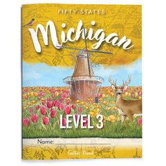 Book cover of 'Fifty States Michigan Level 3' with a windmill and deer illustration on a yellow background.