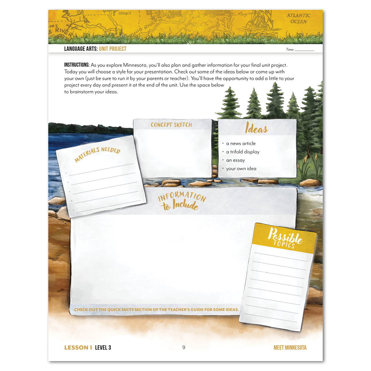 Educational worksheet about creating unit project on scenic background. 
