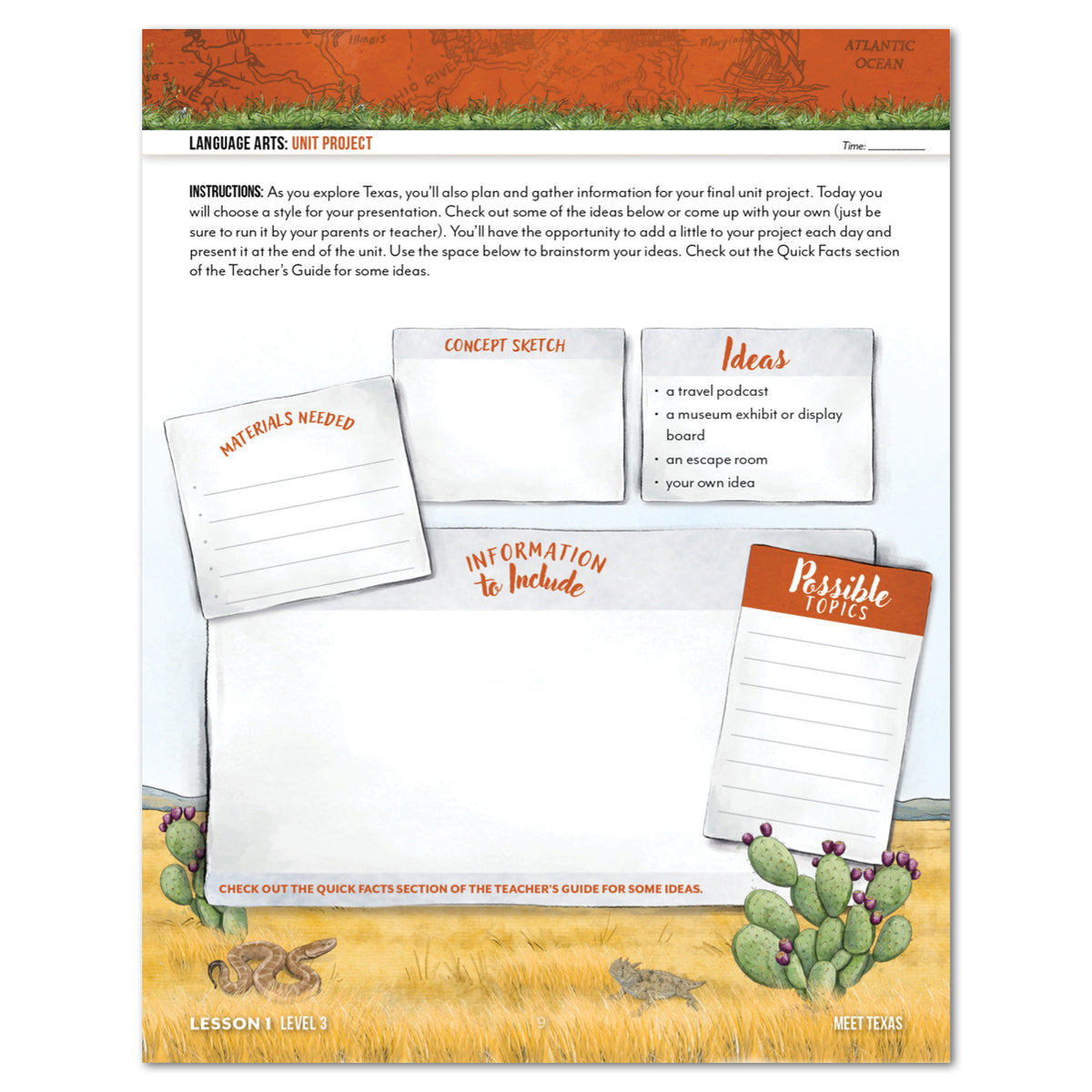 An educational language arts educational page titled 'Unit Project' with printed instructions, sample sketch boxes, and possible topics, shown on a white background.