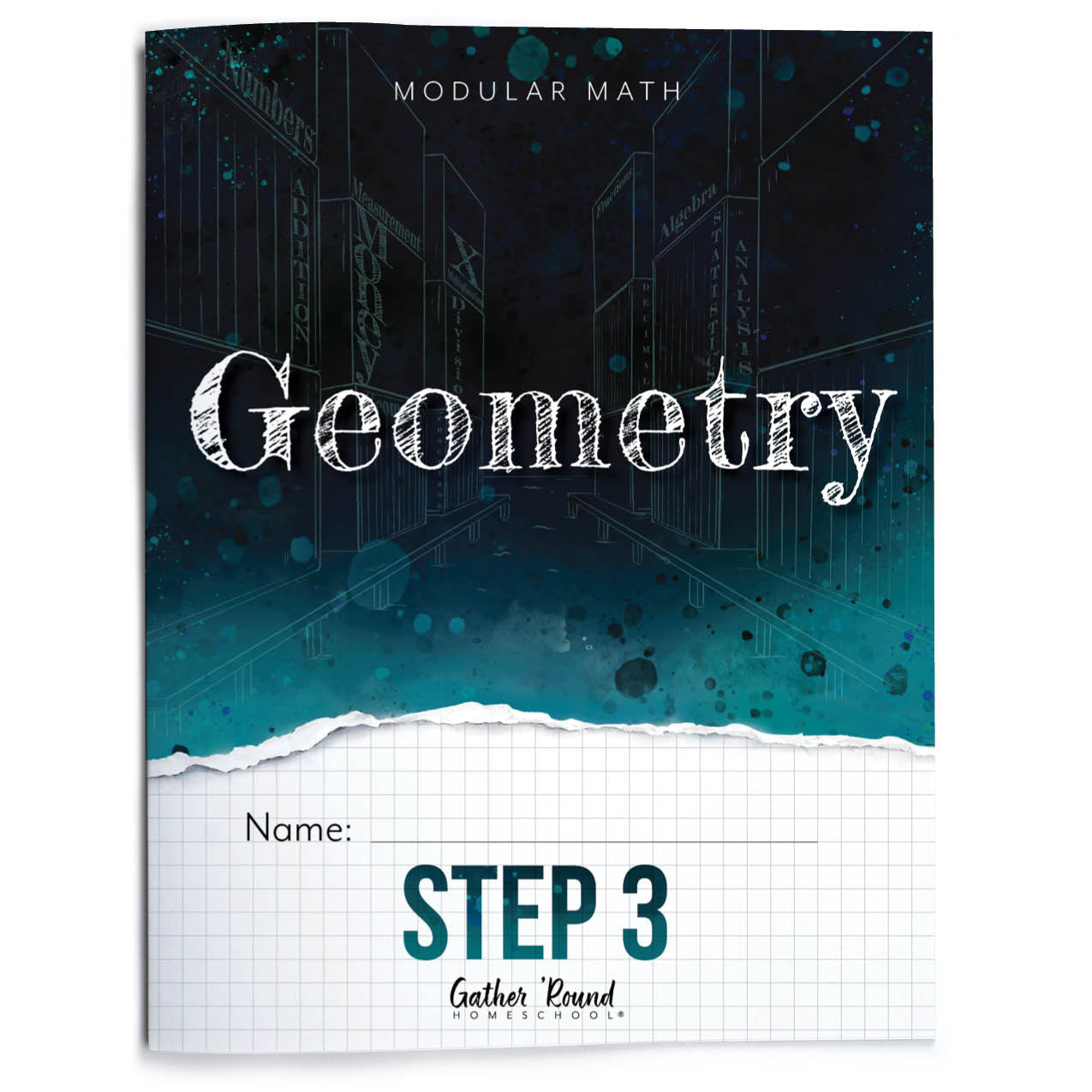 Geometry textbook with a dark blue cover and grid paper on the bottom