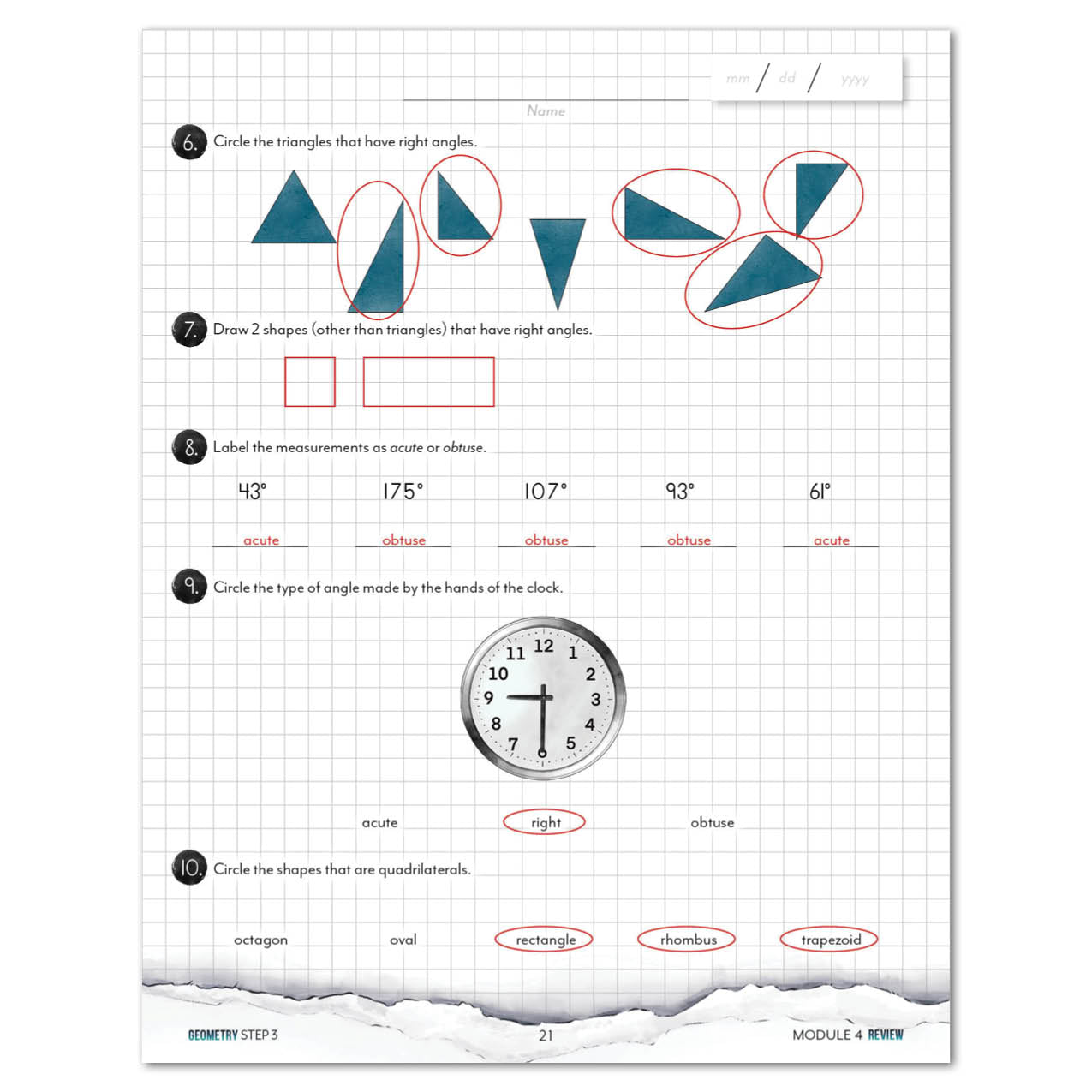 Mathematics worksheet with geometric shapes and clock diagram on grid paper