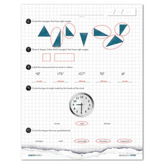 Mathematics worksheet with geometric shapes and clock diagram on grid paper